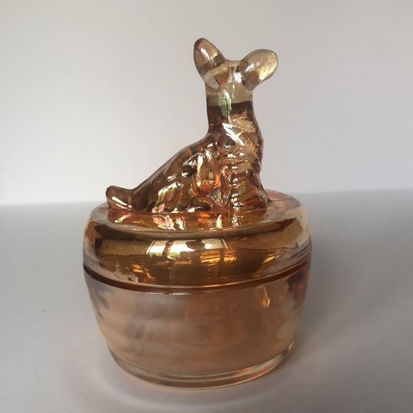 Jeanette Glass Iridescent Marigold Glass Scottie Dog Trinket Jar - Picture 5 of 13